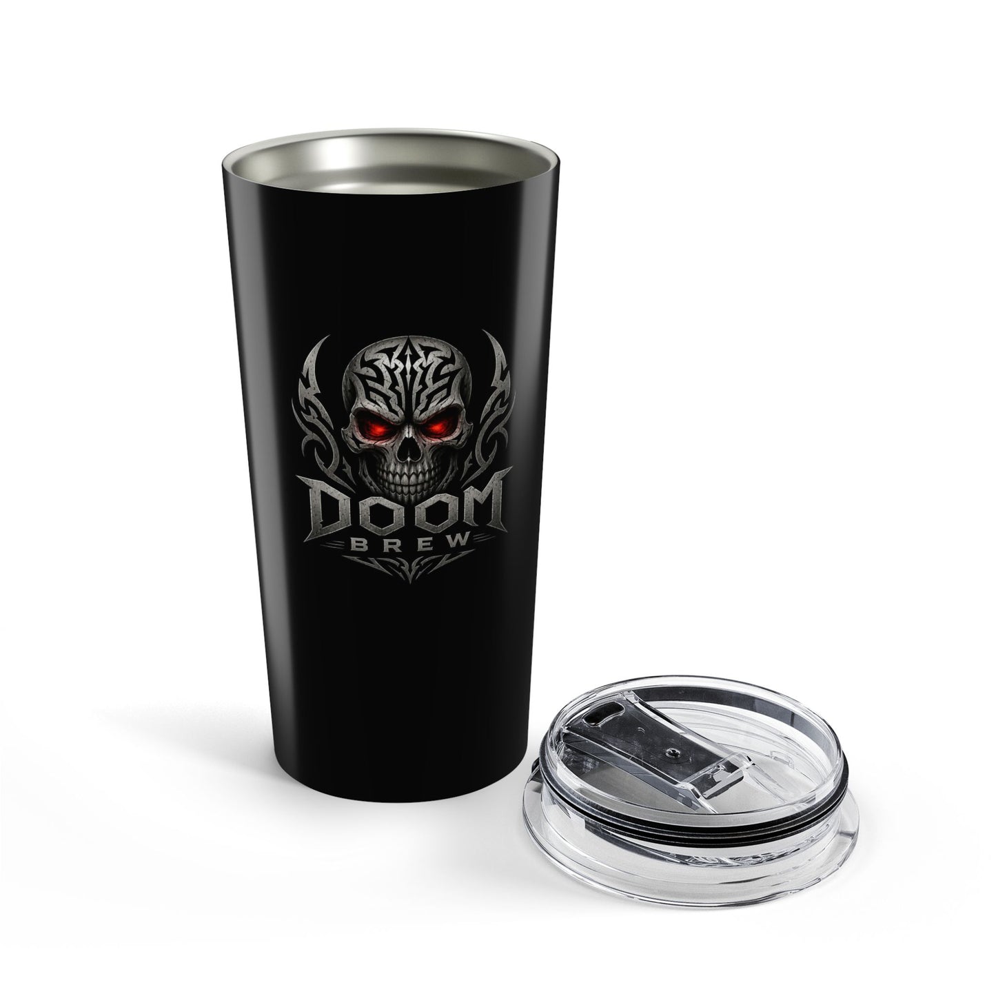20oz Tumbler — Doom Brew Skull Travel Mug with Red-Eyed Gothic Logo