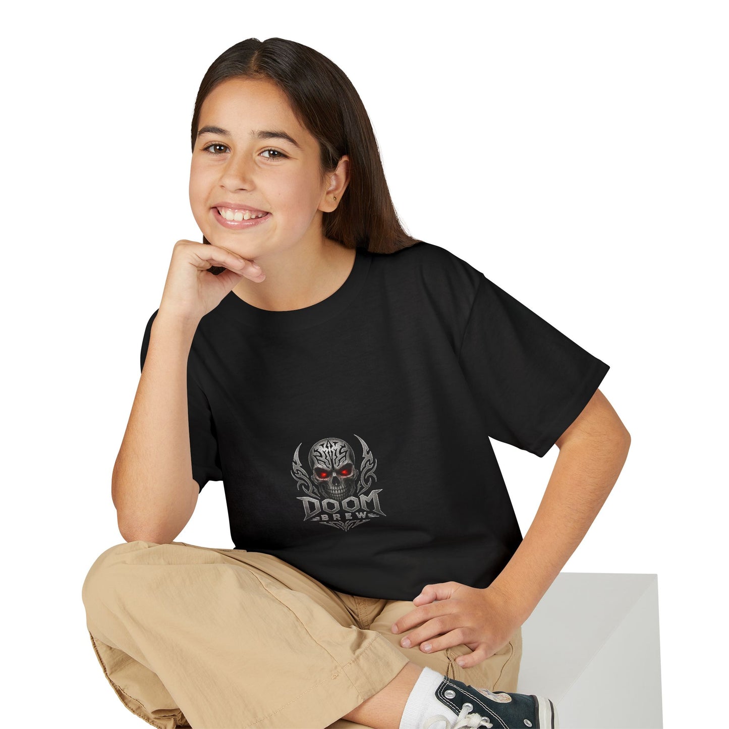 Youth Skull Graphic T‑Shirt — "Doom Brew" Red-Eye Skull Logo