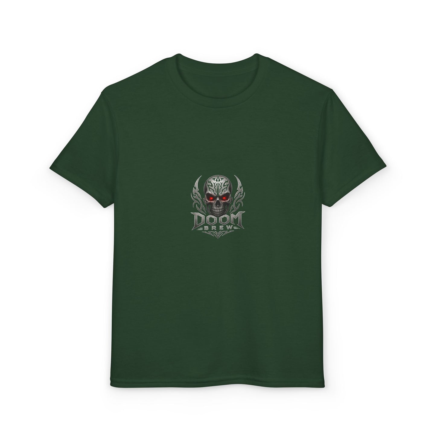 Youth Skull Graphic T‑Shirt — "Doom Brew" Red-Eye Skull Logo