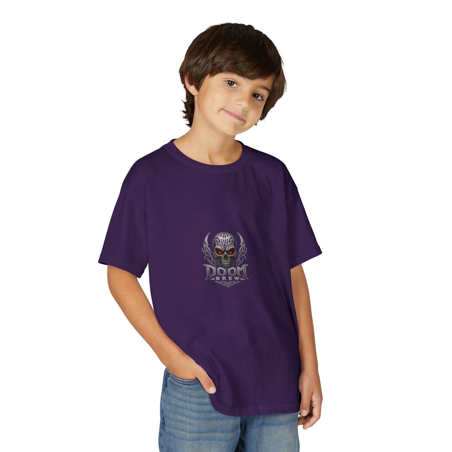 Youth Skull Graphic T‑Shirt — "Doom Brew" Red-Eye Skull Logo