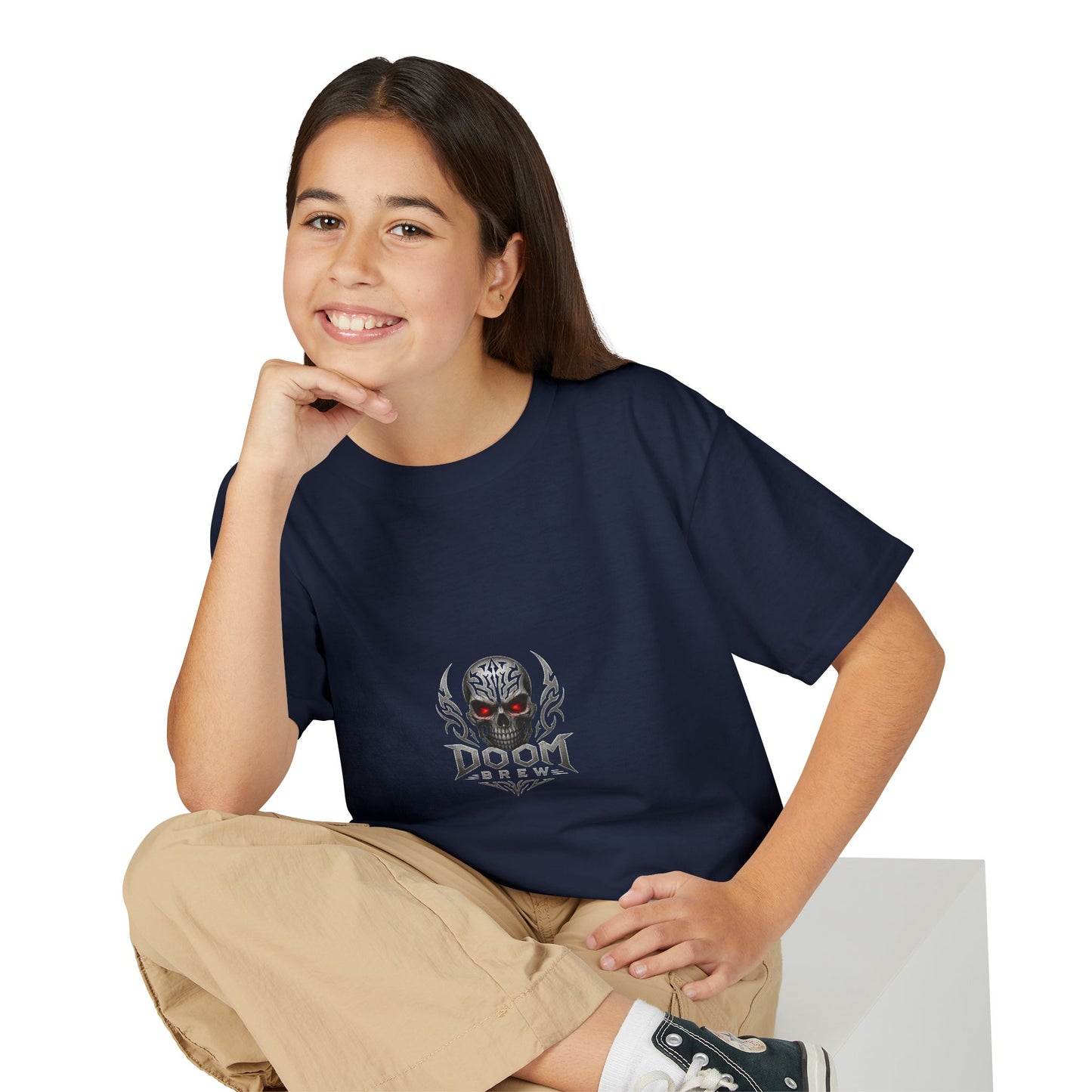 Youth Skull Graphic T‑Shirt — "Doom Brew" Red-Eye Skull Logo
