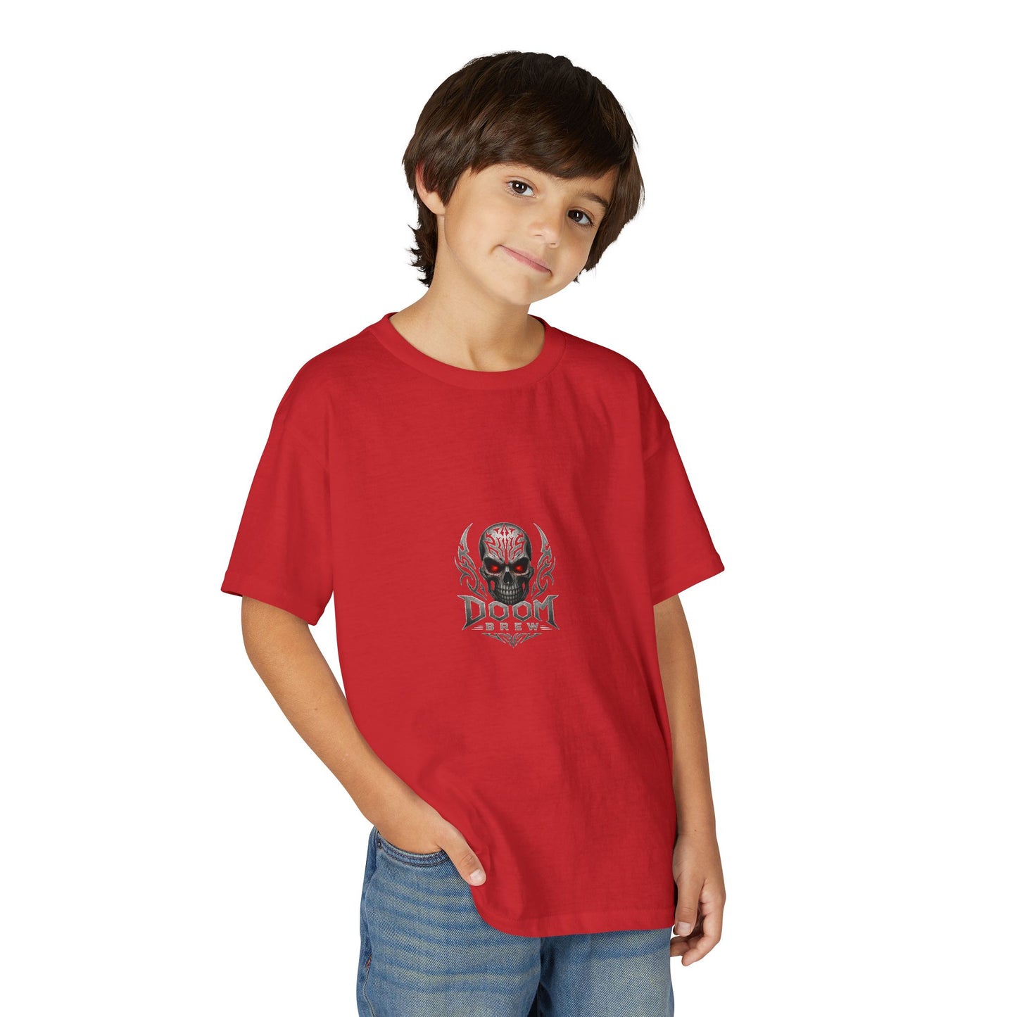 Youth Skull Graphic T‑Shirt — "Doom Brew" Red-Eye Skull Logo