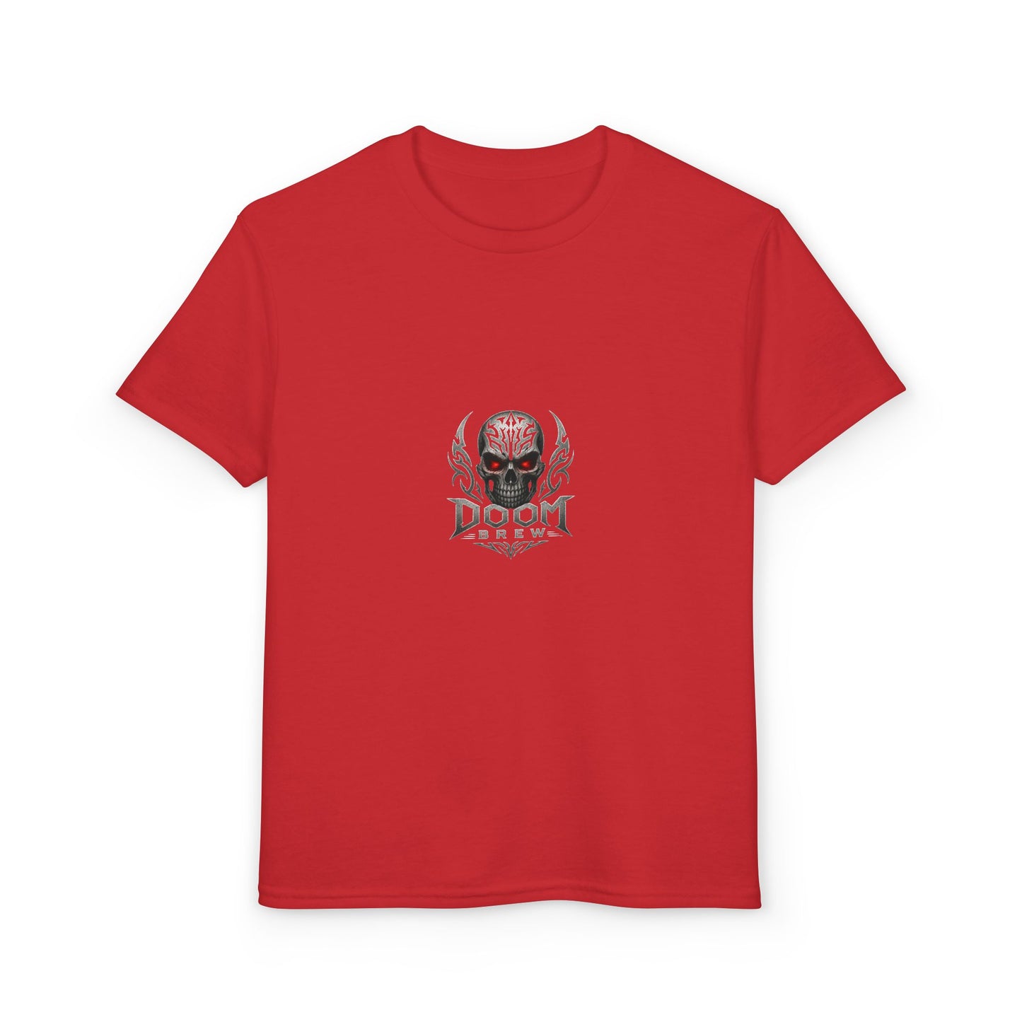 Youth Skull Graphic T‑Shirt — "Doom Brew" Red-Eye Skull Logo
