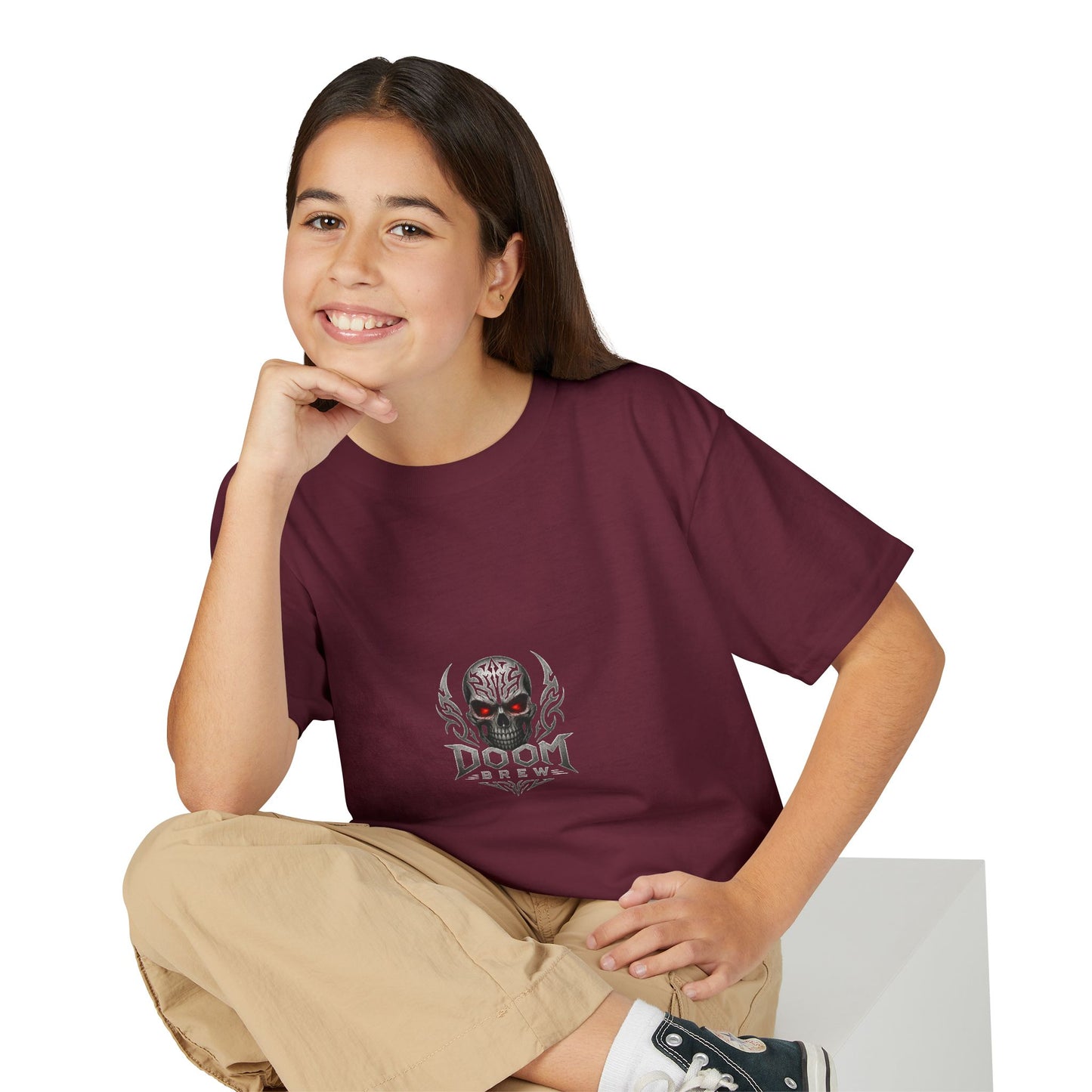 Youth Skull Graphic T‑Shirt — "Doom Brew" Red-Eye Skull Logo