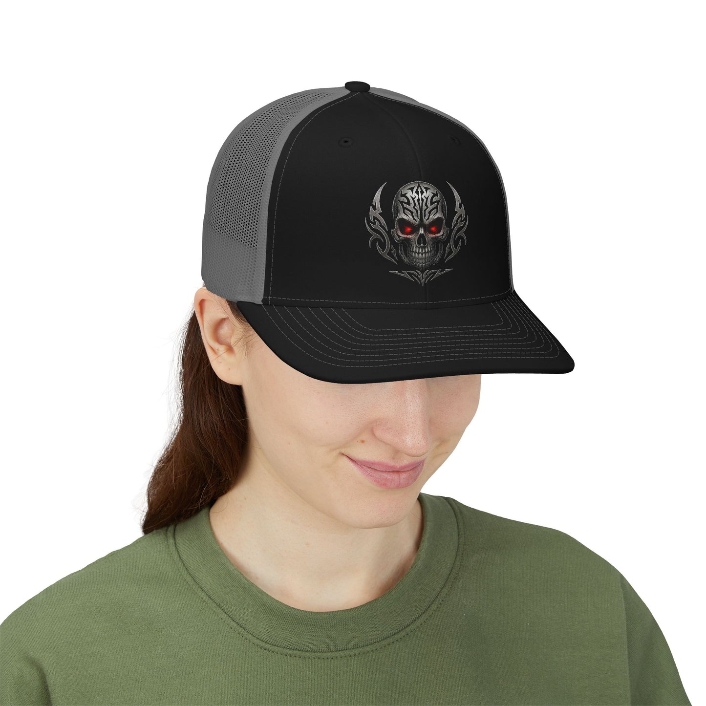 Skull Trucker Cap with Red-Eye Tribal Design | Doom Brew Official Merch