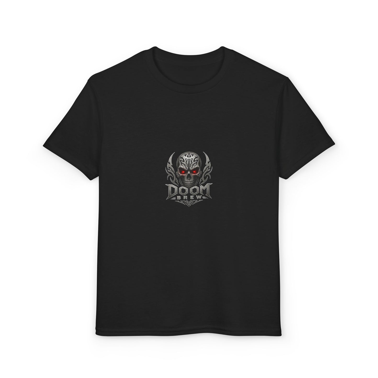 Youth Skull Graphic T‑Shirt — "Doom Brew" Red-Eye Skull Logo