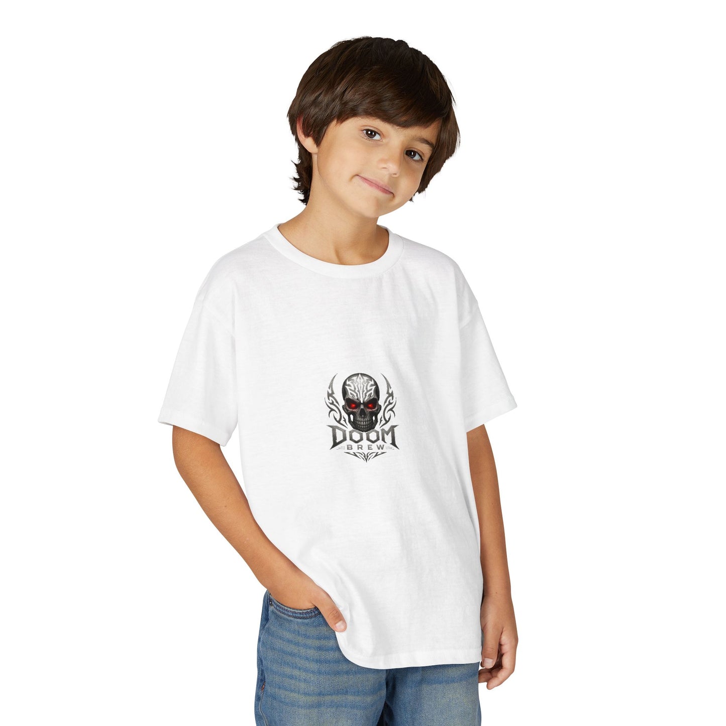 Youth Skull Graphic T‑Shirt — "Doom Brew" Red-Eye Skull Logo