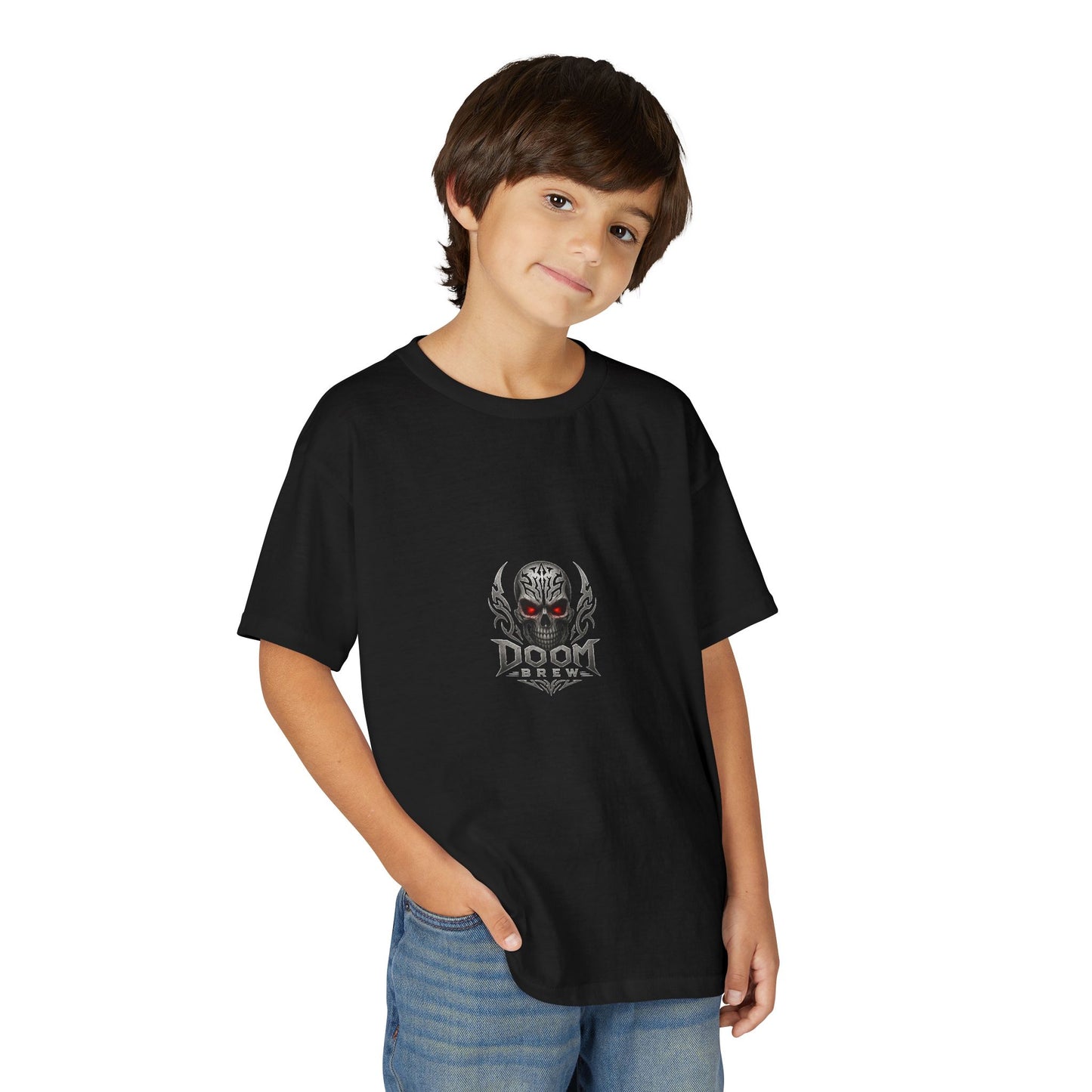 Youth Skull Graphic T‑Shirt — "Doom Brew" Red-Eye Skull Logo