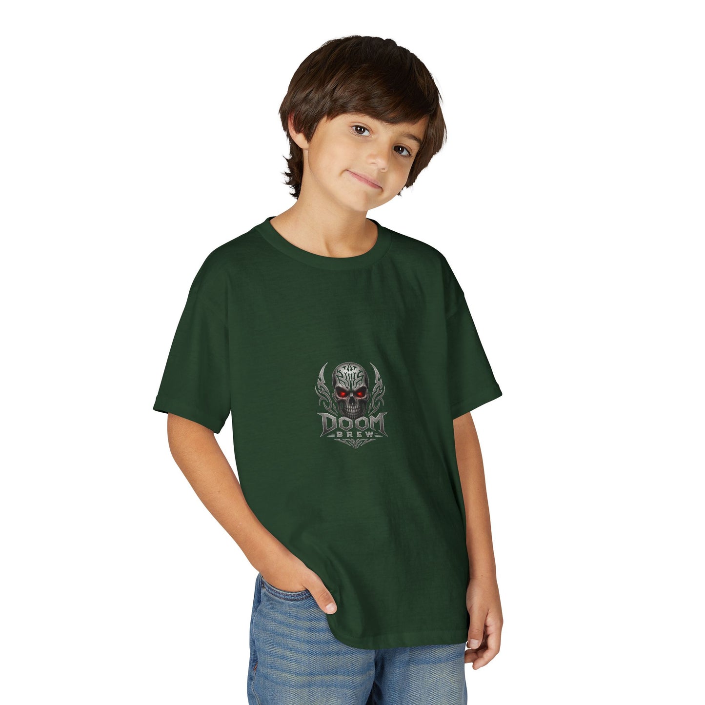 Youth Skull Graphic T‑Shirt — "Doom Brew" Red-Eye Skull Logo