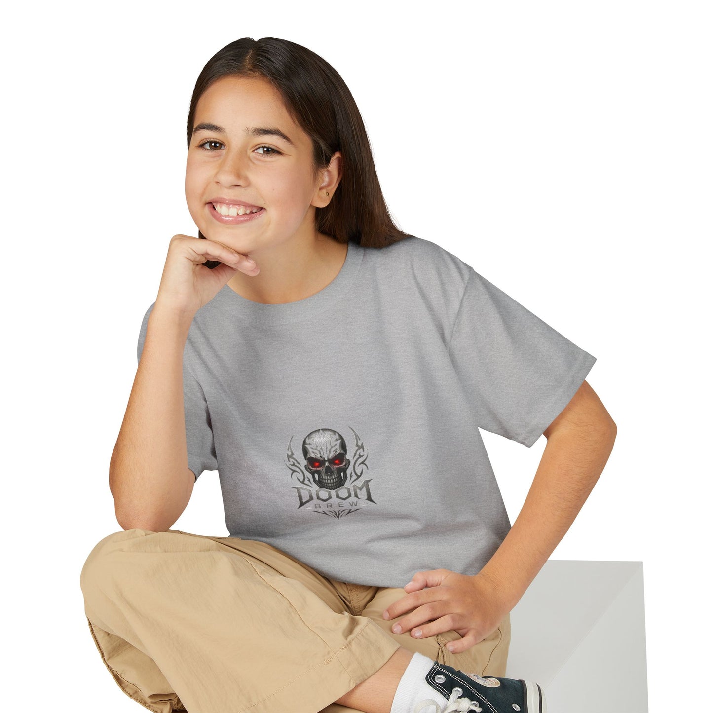 Youth Skull Graphic T‑Shirt — "Doom Brew" Red-Eye Skull Logo