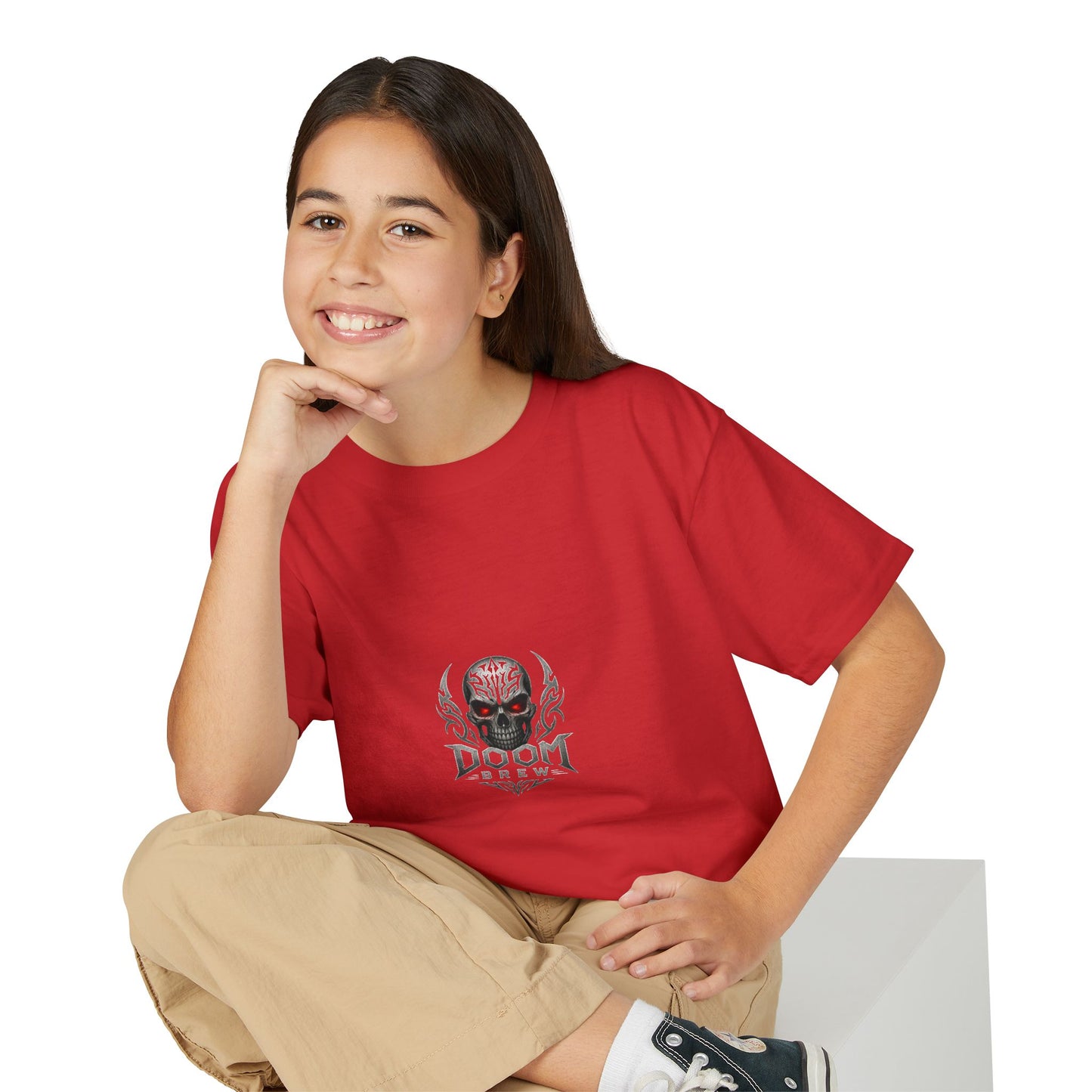Youth Skull Graphic T‑Shirt — "Doom Brew" Red-Eye Skull Logo
