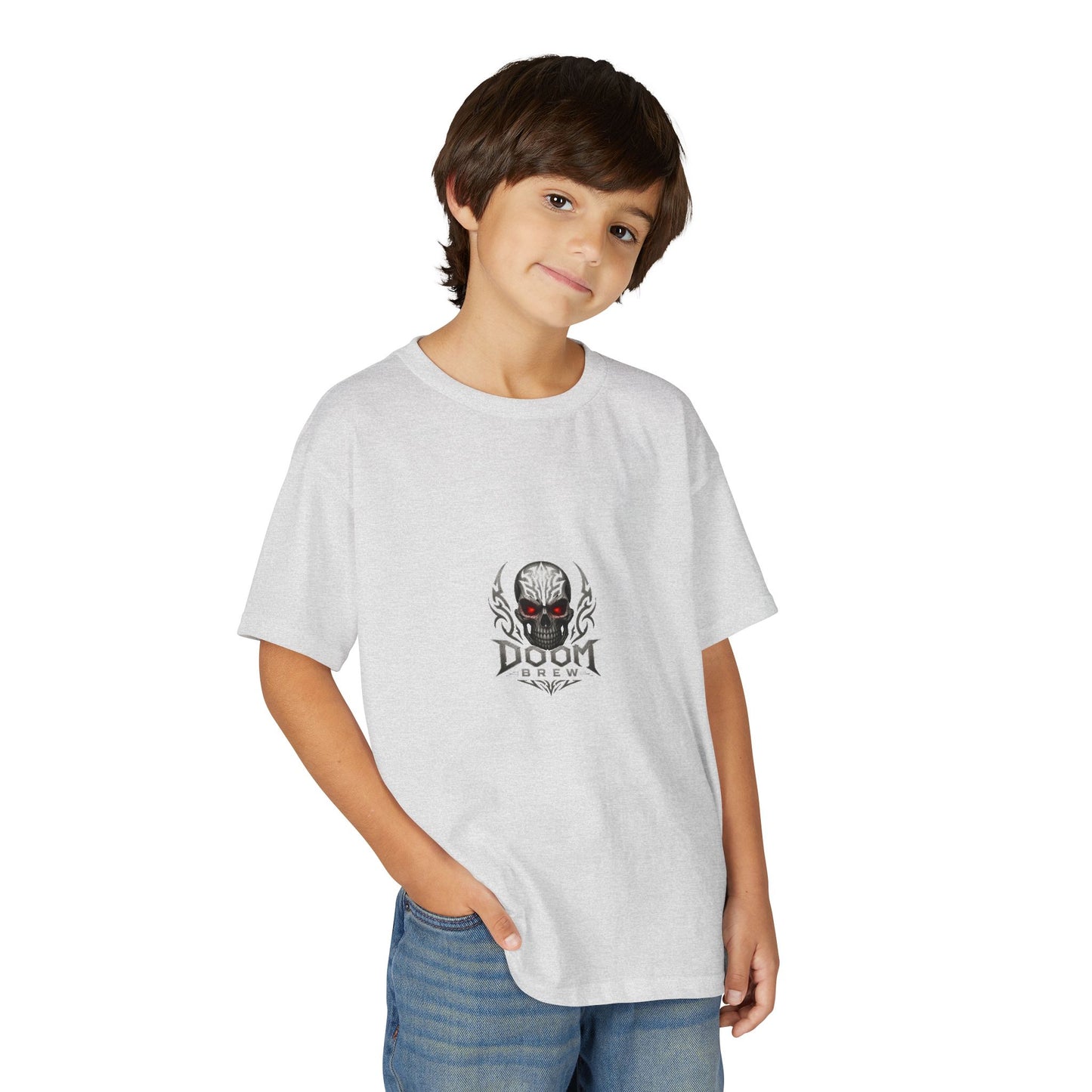 Youth Skull Graphic T‑Shirt — "Doom Brew" Red-Eye Skull Logo