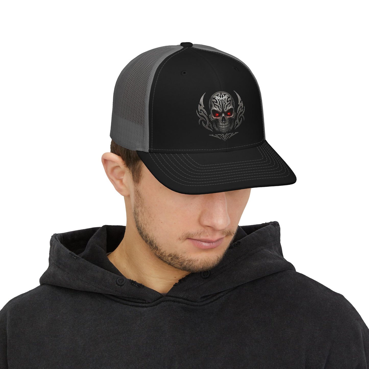 Skull Trucker Cap with Red-Eye Tribal Design | Doom Brew Official Merch