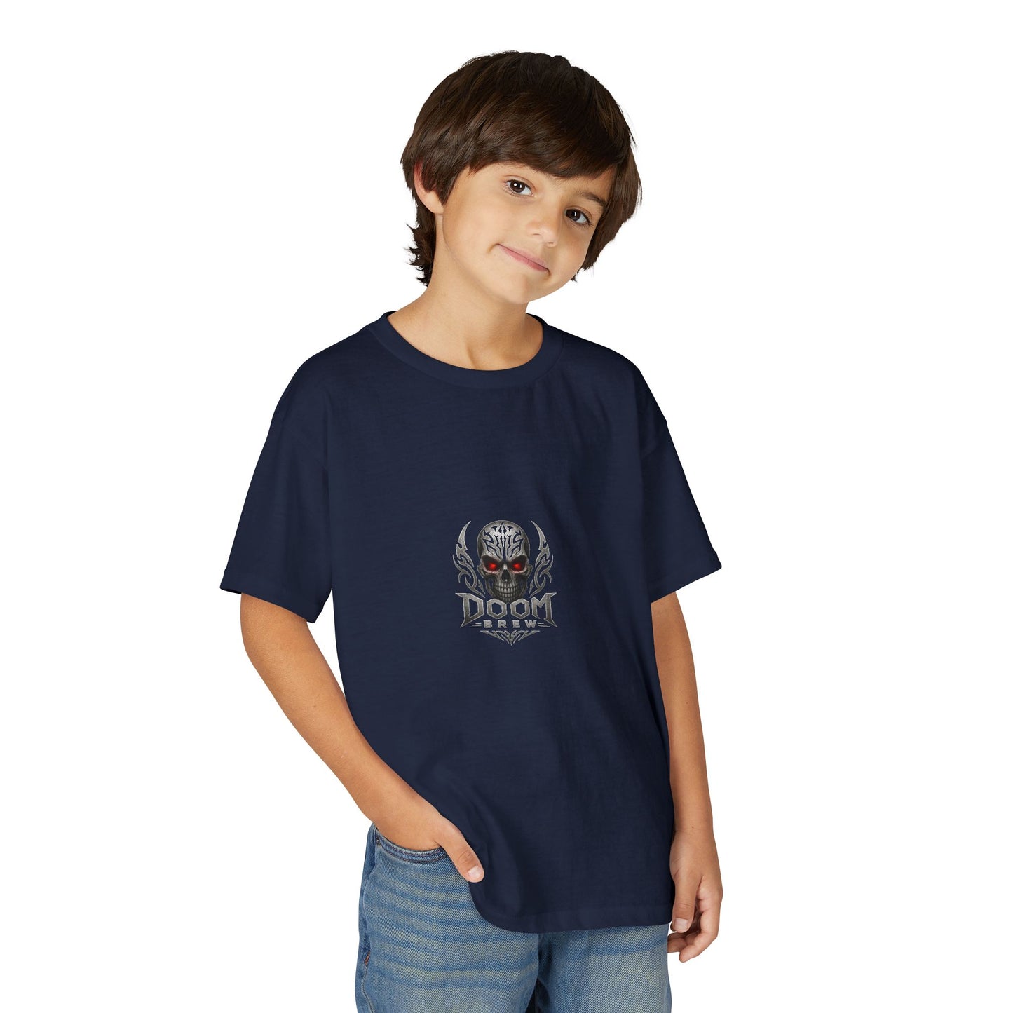 Youth Skull Graphic T‑Shirt — "Doom Brew" Red-Eye Skull Logo