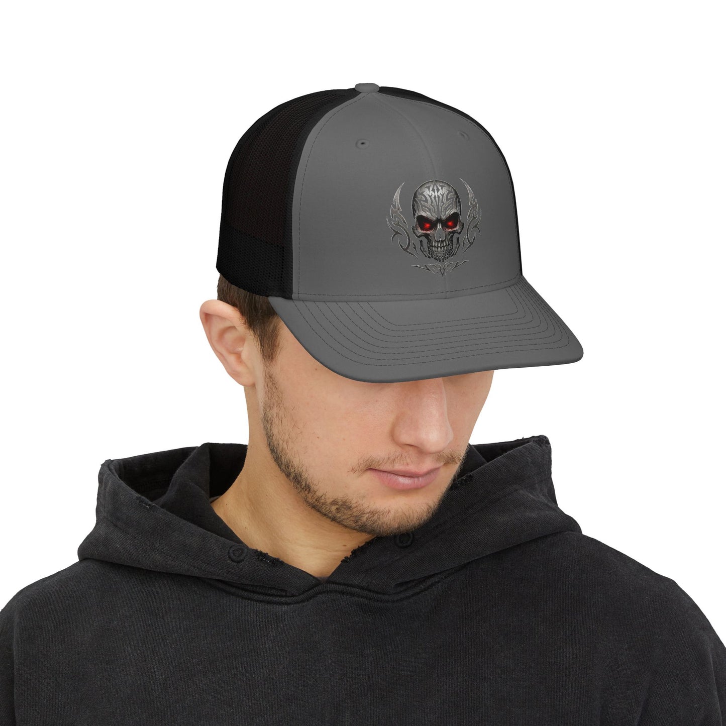 Skull Trucker Cap with Red-Eye Tribal Design | Doom Brew Official Merch