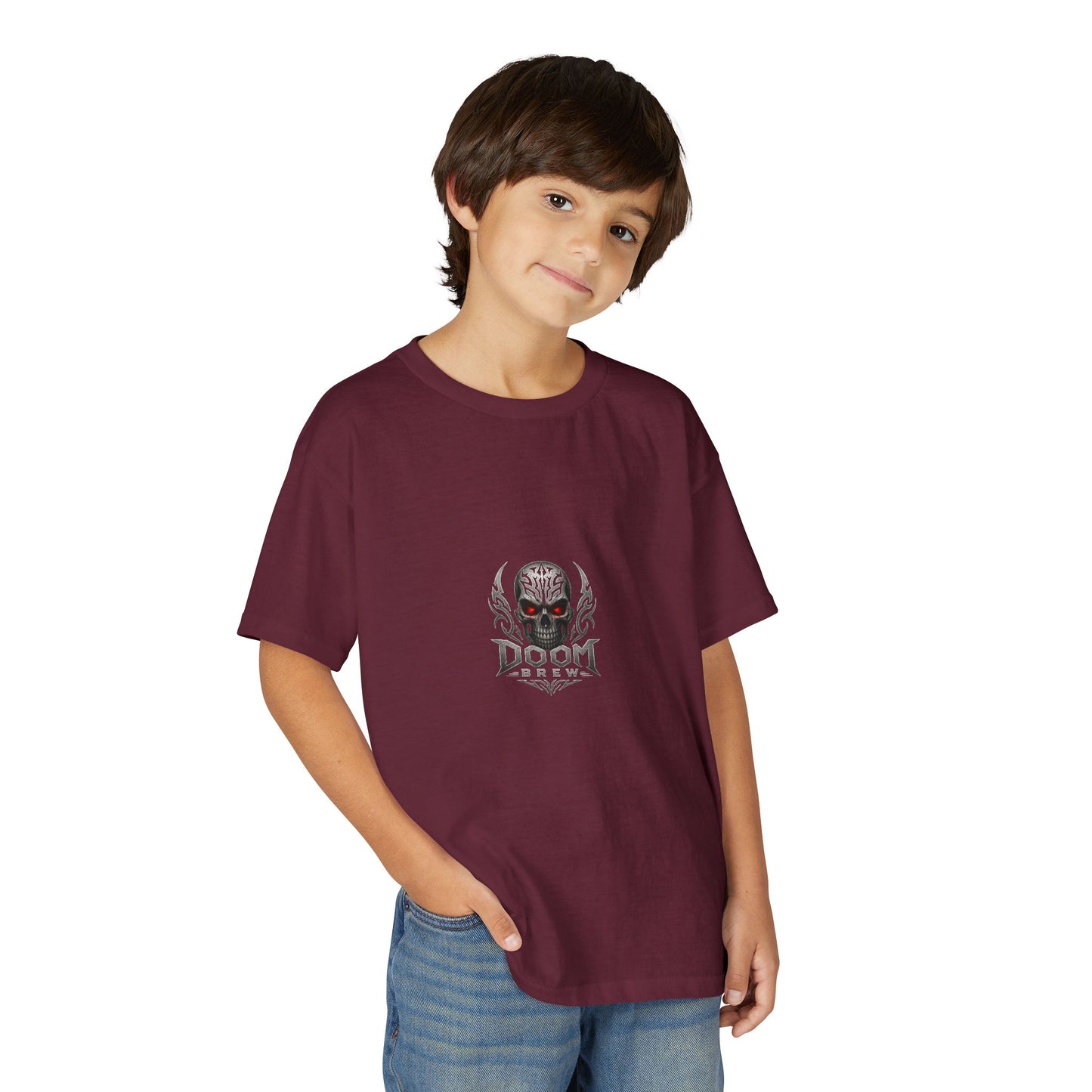 Youth Skull Graphic T‑Shirt — "Doom Brew" Red-Eye Skull Logo