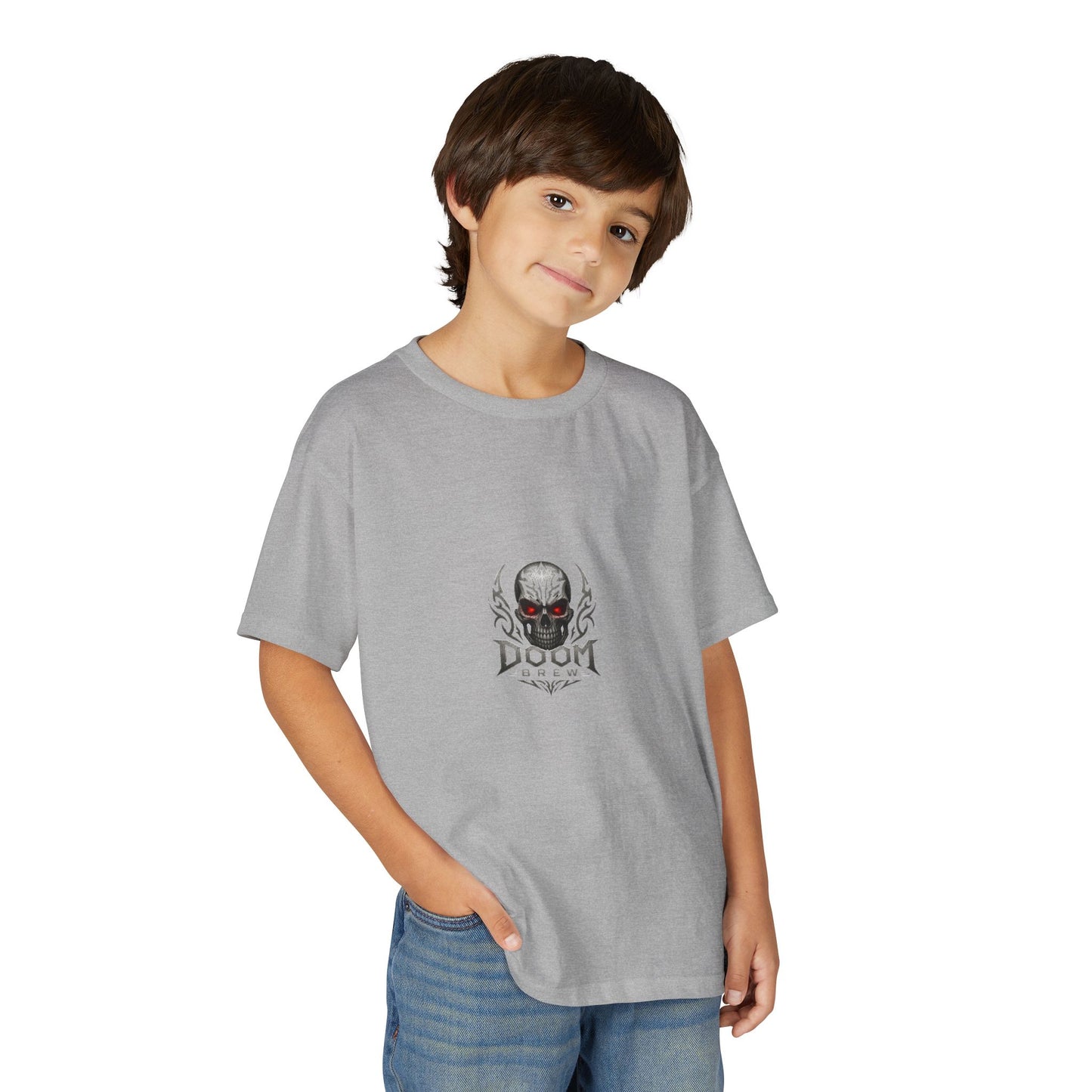 Youth Skull Graphic T‑Shirt — "Doom Brew" Red-Eye Skull Logo