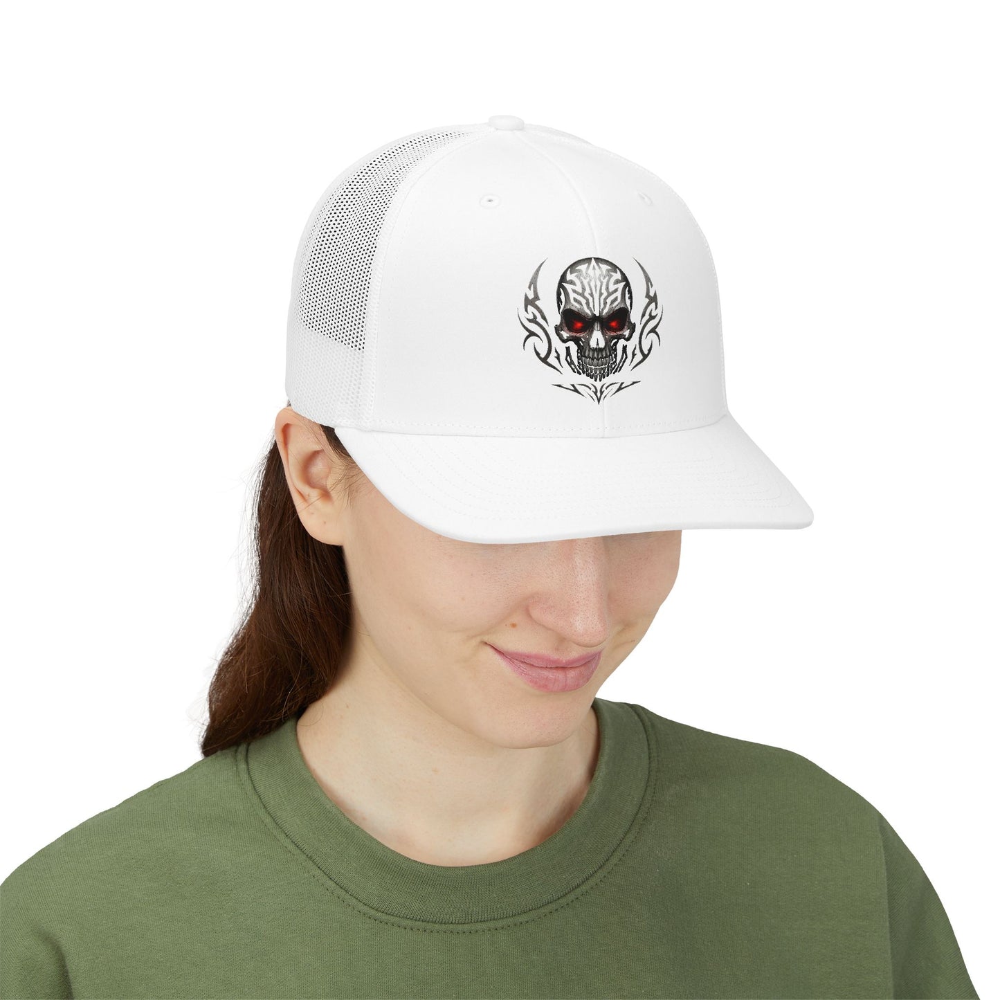 Skull Trucker Cap with Red-Eye Tribal Design | Doom Brew Official Merch