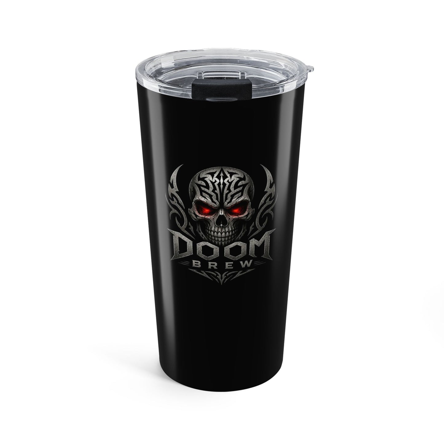 20oz Tumbler — Doom Brew Skull Travel Mug with Red-Eyed Gothic Logo