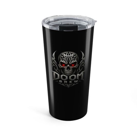 20oz Tumbler — Doom Brew Skull Travel Mug with Red-Eyed Gothic Logo