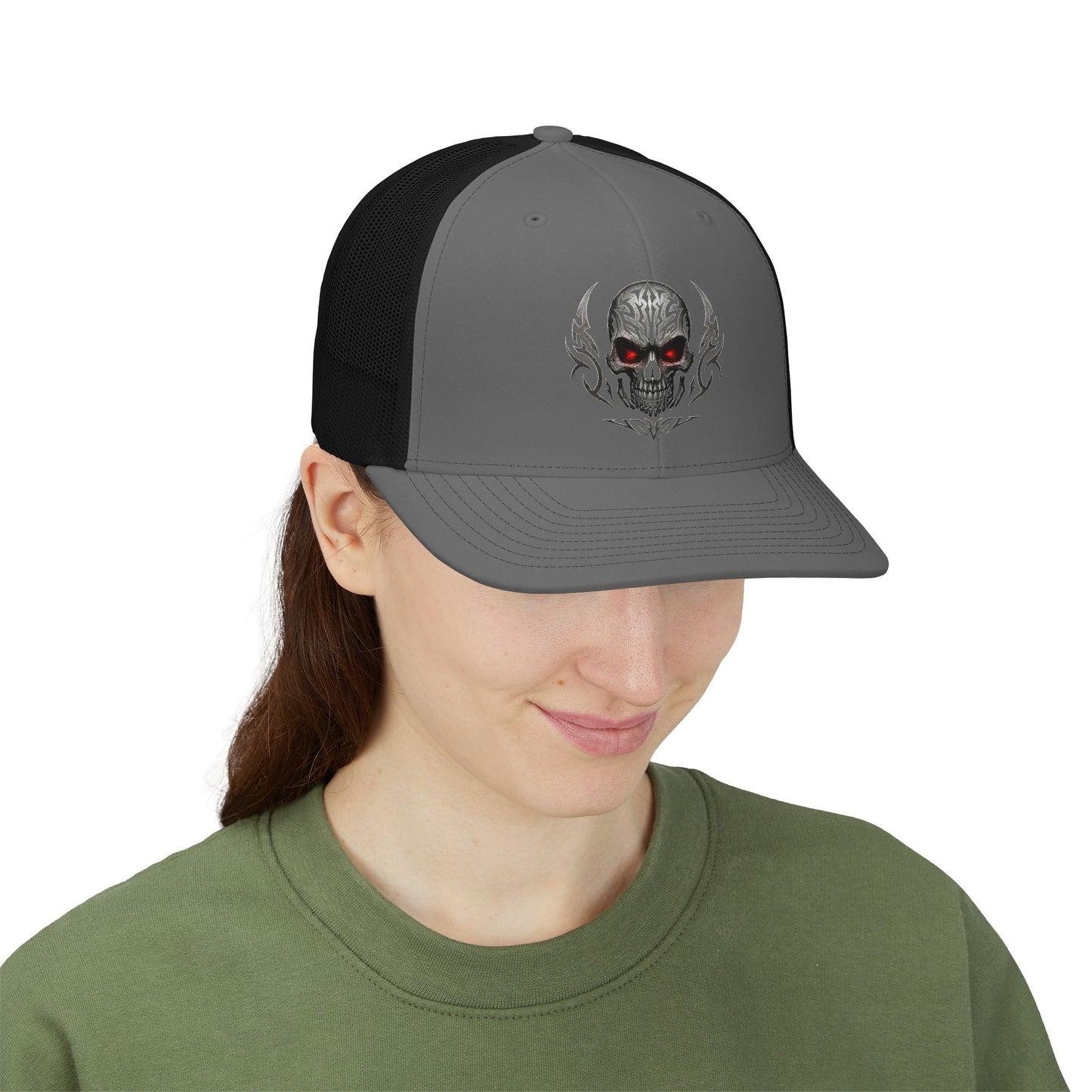 Skull Trucker Cap with Red-Eye Tribal Design | Doom Brew Official Merch