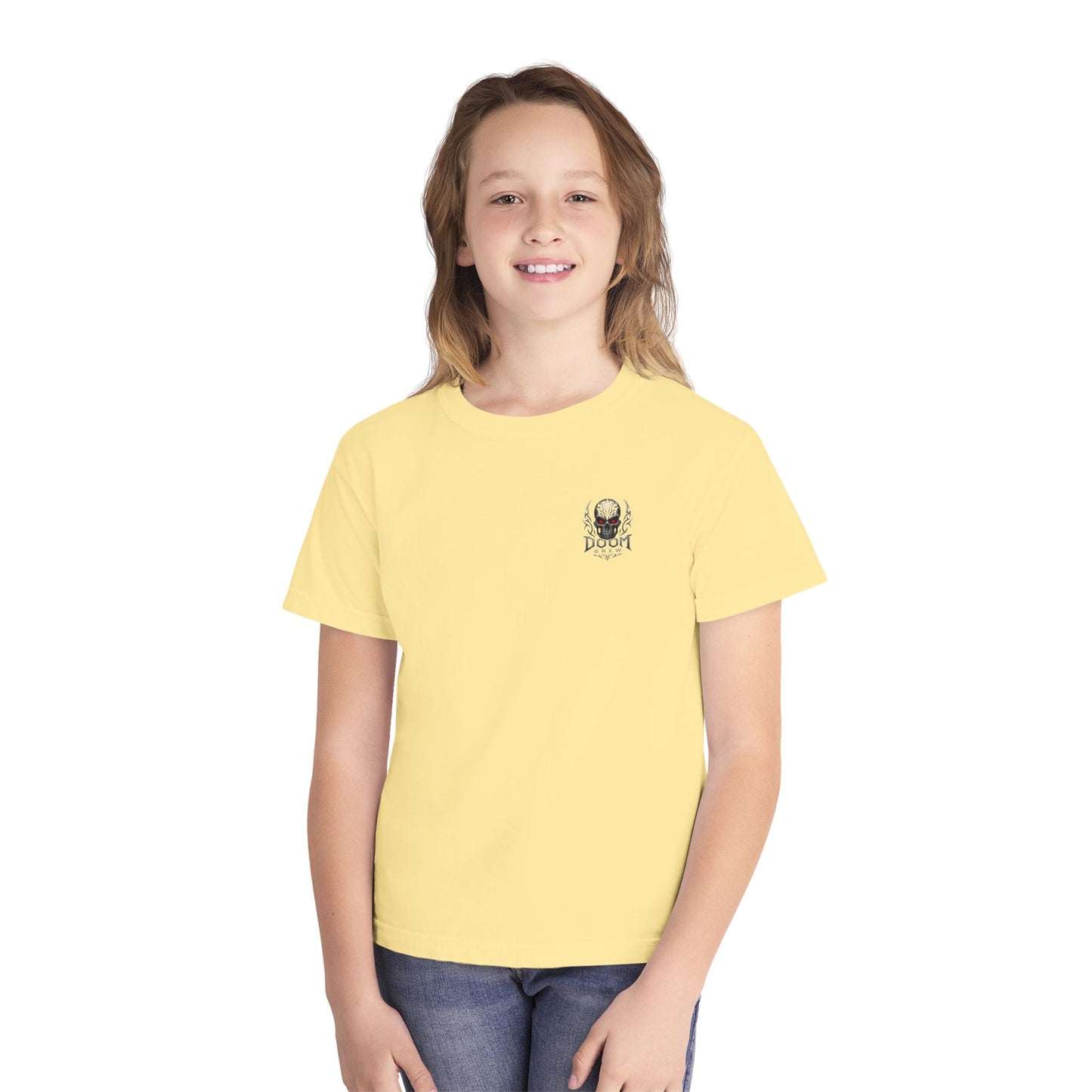 Youth Tee — Doom Brew Graphic Chest Print, Casual Kids Shirt