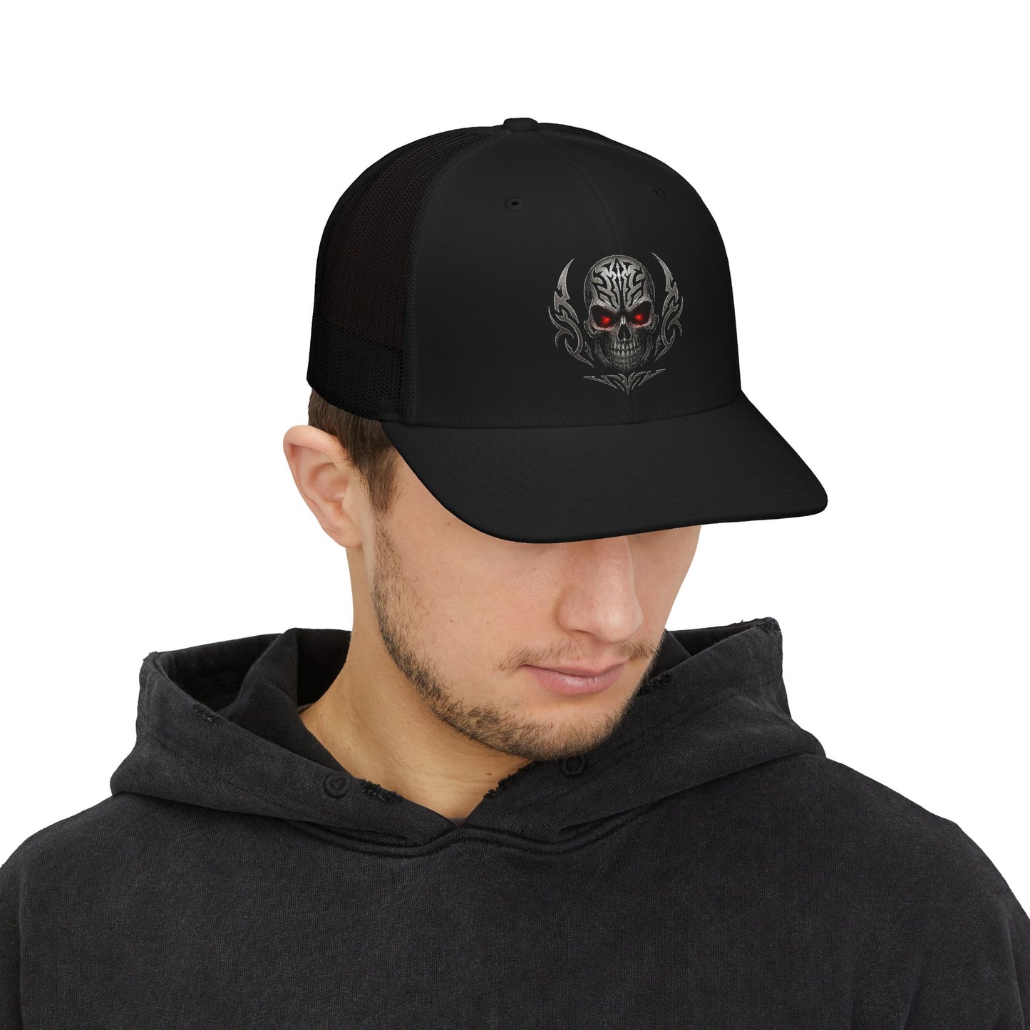 Skull Trucker Cap with Red-Eye Tribal Design | Doom Brew Official Merch