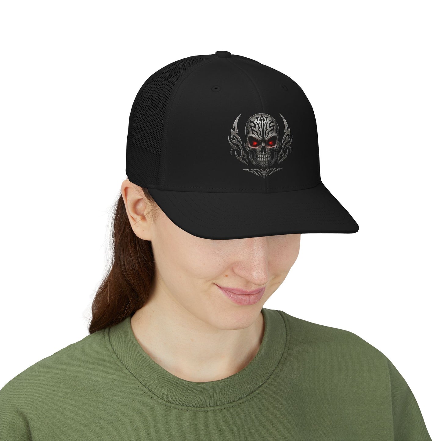 Skull Trucker Cap with Red-Eye Tribal Design | Doom Brew Official Merch