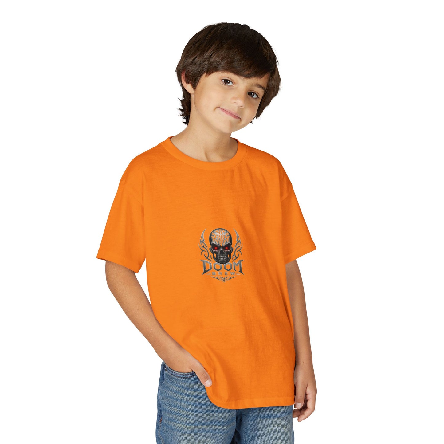Youth Skull Graphic T‑Shirt — "Doom Brew" Red-Eye Skull Logo