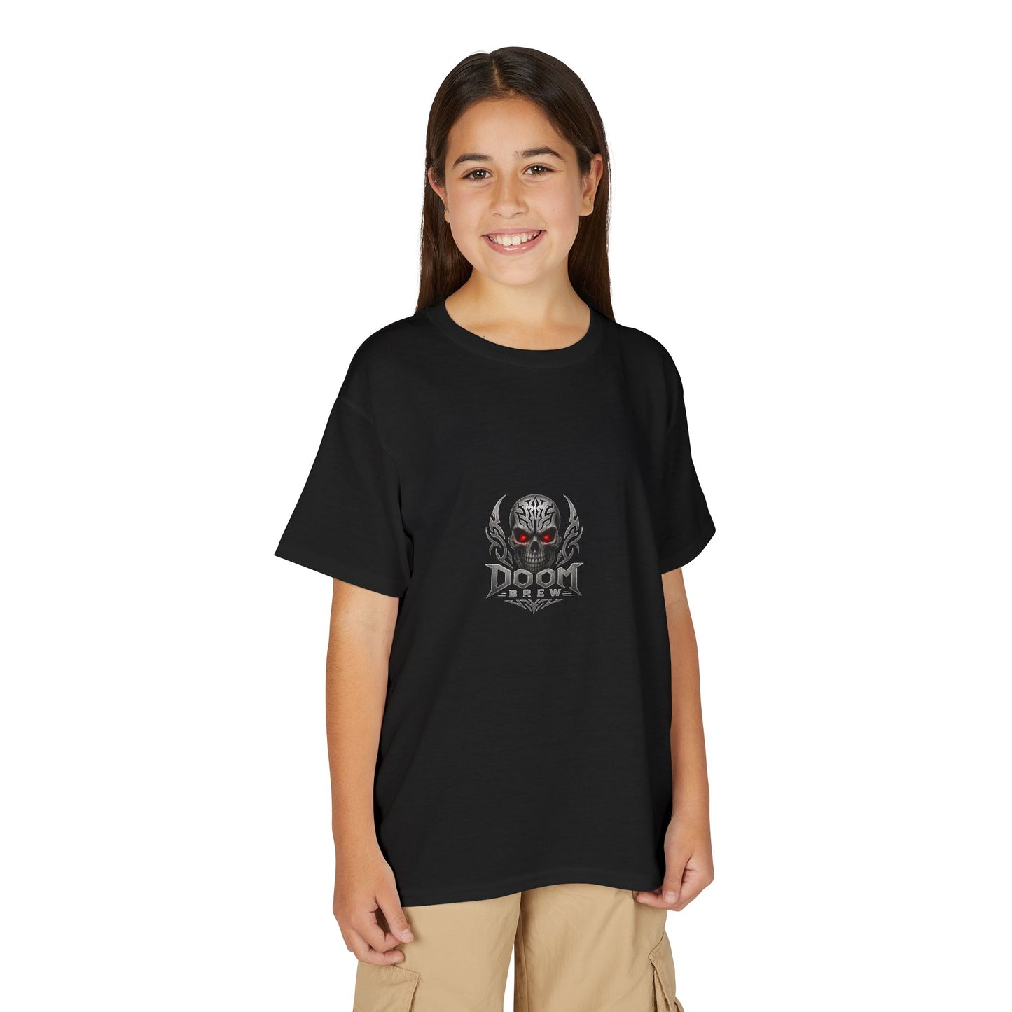 Youth Skull Graphic T‑Shirt — "Doom Brew" Red-Eye Skull Logo