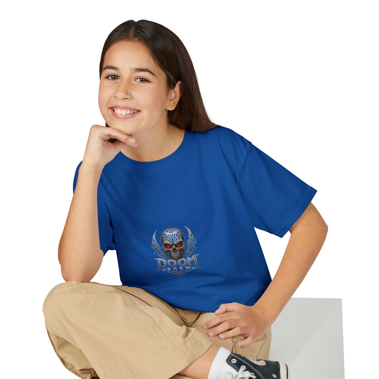 Youth Skull Graphic T‑Shirt — "Doom Brew" Red-Eye Skull Logo