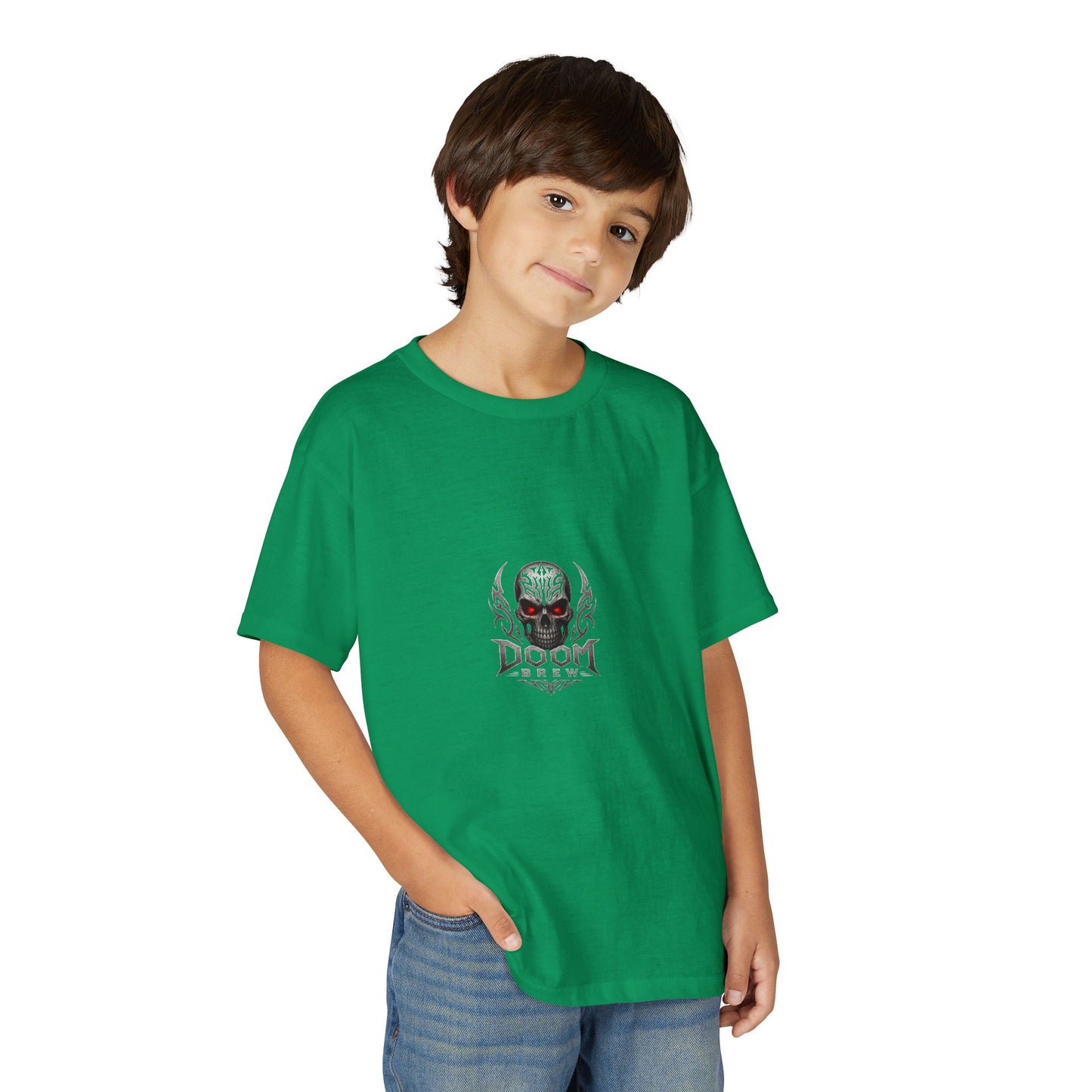 Youth Skull Graphic T‑Shirt — "Doom Brew" Red-Eye Skull Logo