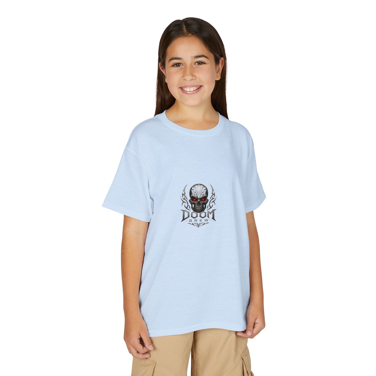 Youth Skull Graphic T‑Shirt — "Doom Brew" Red-Eye Skull Logo
