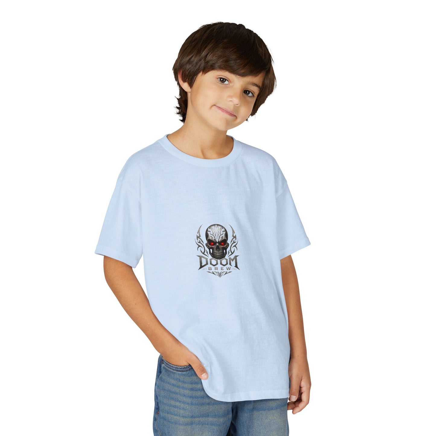 Youth Skull Graphic T‑Shirt — "Doom Brew" Red-Eye Skull Logo