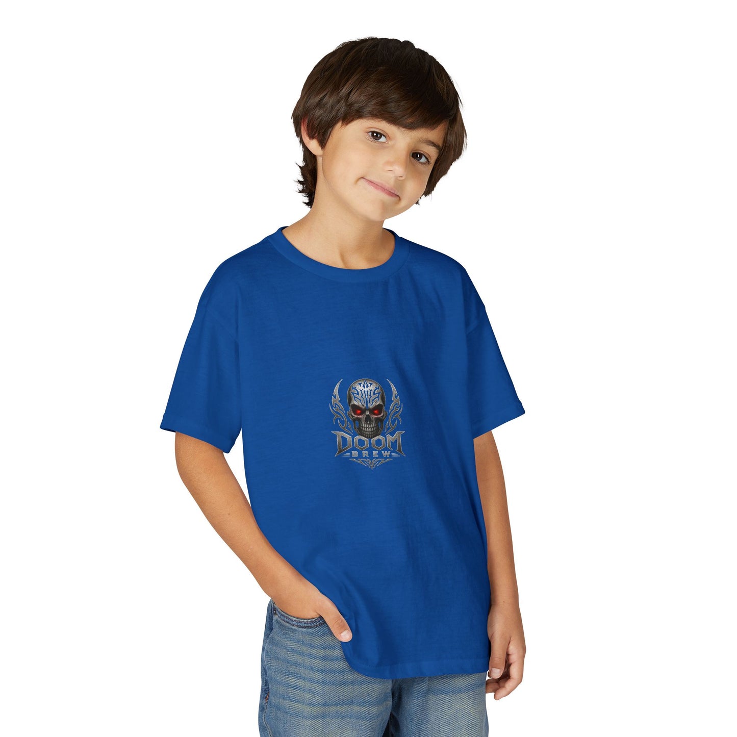 Youth Skull Graphic T‑Shirt — "Doom Brew" Red-Eye Skull Logo