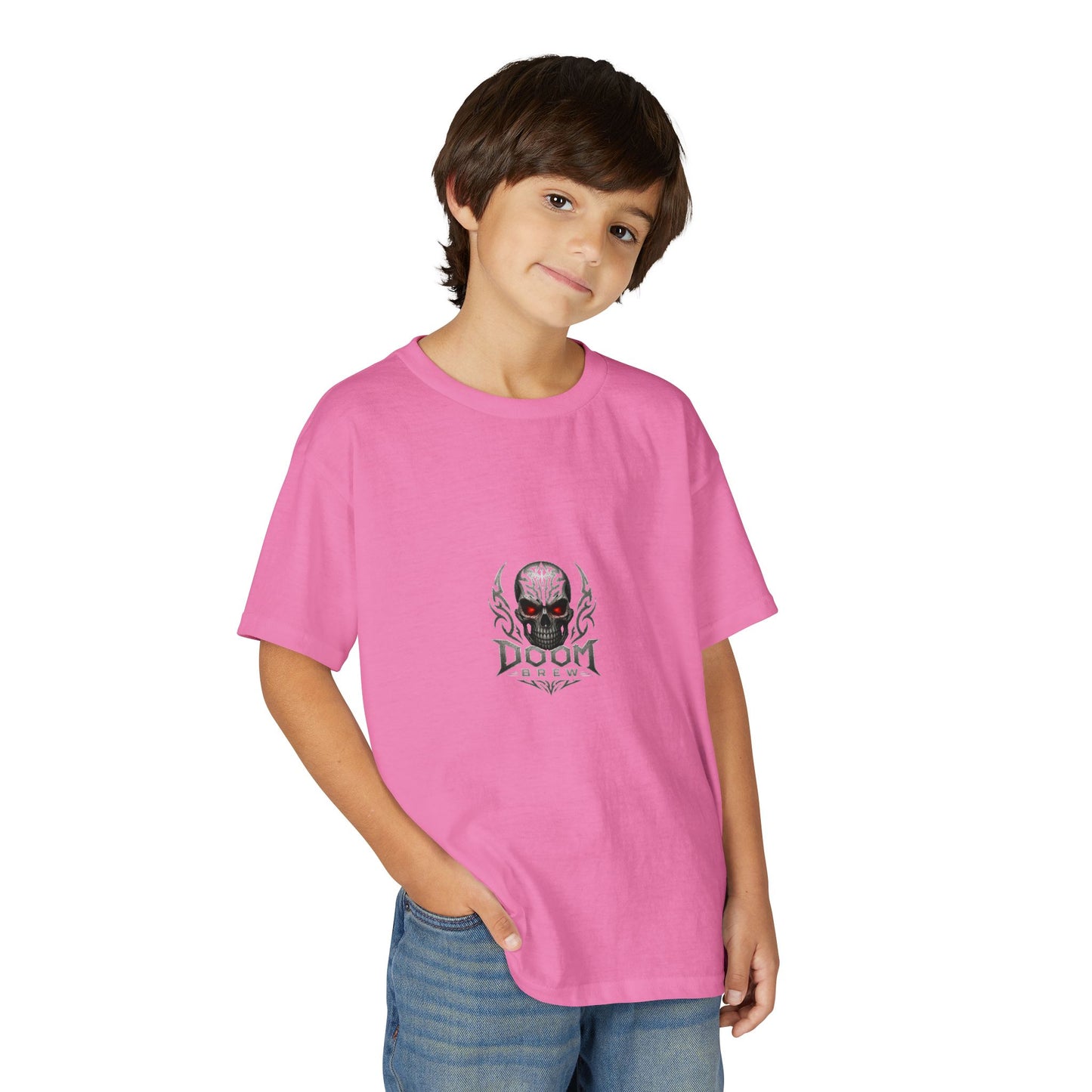 Youth Skull Graphic T‑Shirt — "Doom Brew" Red-Eye Skull Logo