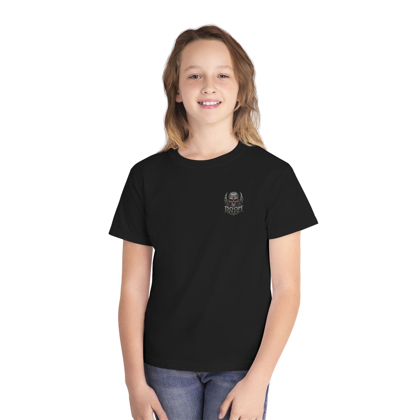 Youth Tee — Doom Brew Graphic Chest Print, Casual Kids Shirt