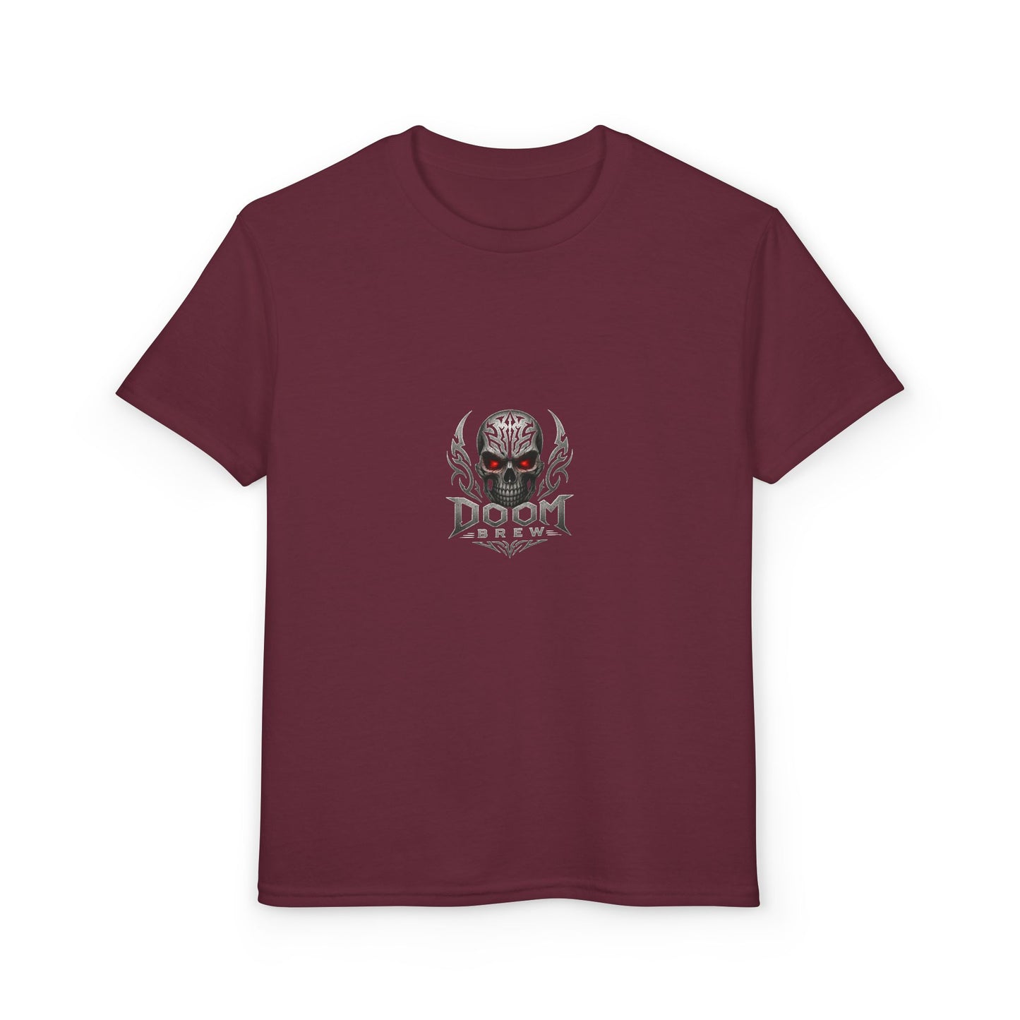 Youth Skull Graphic T‑Shirt — "Doom Brew" Red-Eye Skull Logo