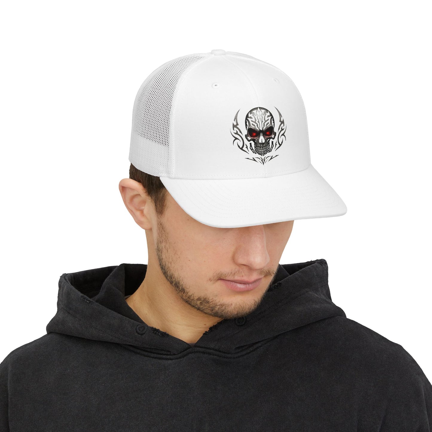 Skull Trucker Cap with Red-Eye Tribal Design | Doom Brew Official Merch