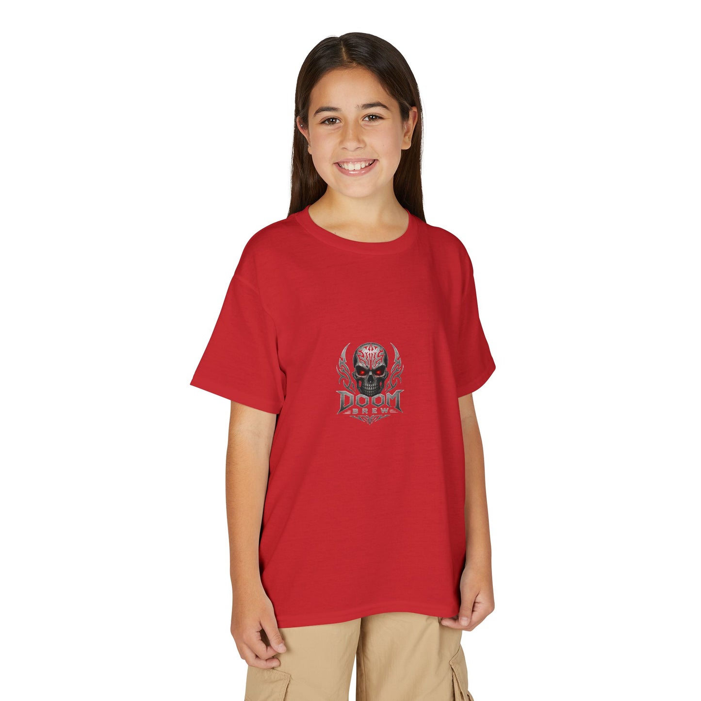 Youth Skull Graphic T‑Shirt — "Doom Brew" Red-Eye Skull Logo